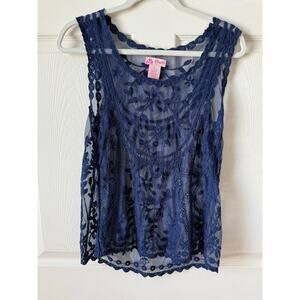 Vintage Y2K Candie’s Navy‎ Sheer Mesh Embroidered Tank Top L Fairy Grunge Boho